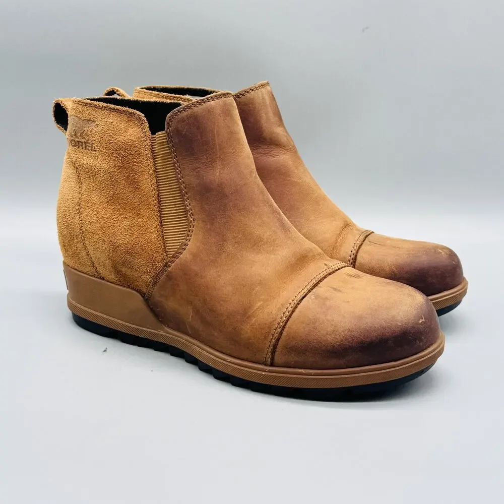 Sorel Boots Womens 7.5 Brown Leather Suede Evie Chelsea Wedge Ankle Waterproof